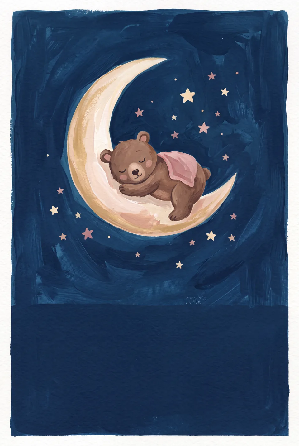 Beer op de maan in gouache, met naam, datum, tijd, gewicht en lengte